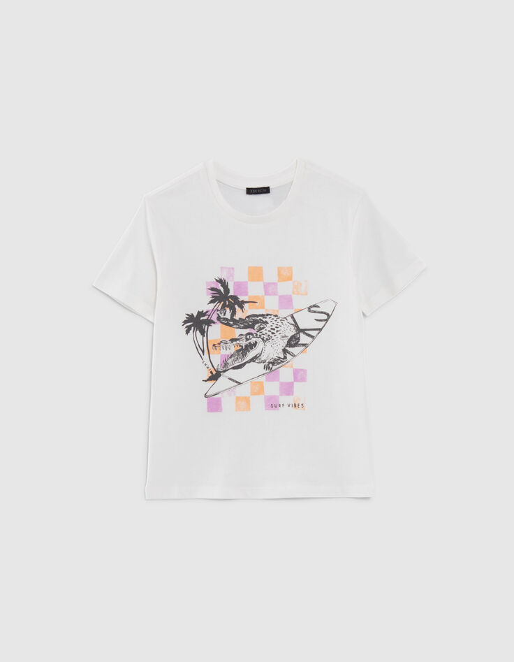 Boys’ white T-shirt with crocodile-surfer image-3