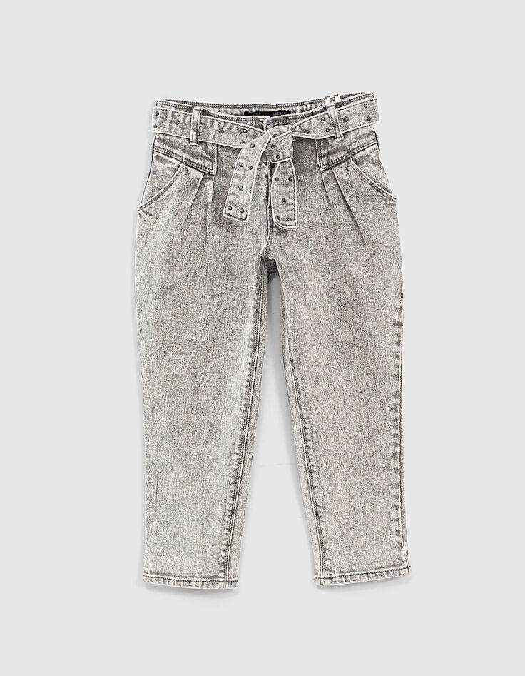 Mädchen-Bio-Jeans, Mom-Stil mit Nietengürtel in Light Grey-1