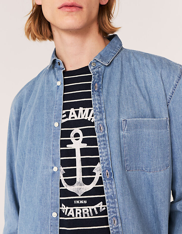 Men’s white-striped navy linen blend T-shirt with anchor-6
