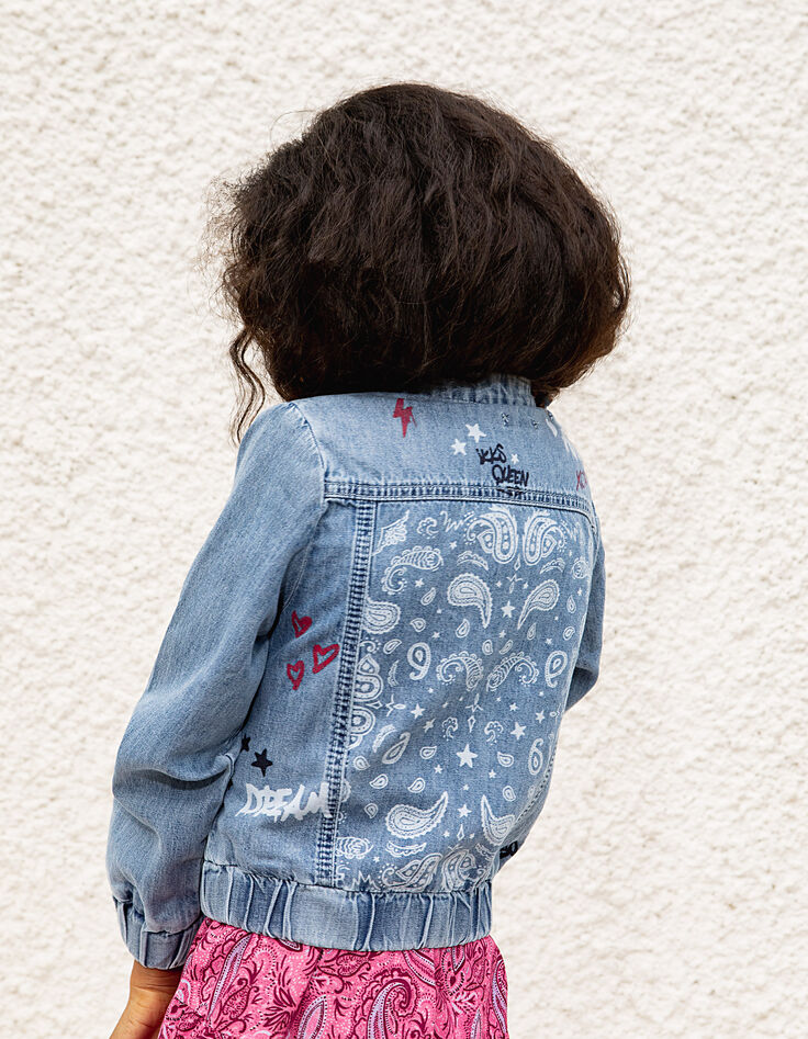 Girls’ light blue denim bomber jacket with print on back-2