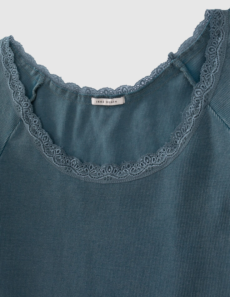 Tee-shirt bleu côtelé bord dentelle Femme-2