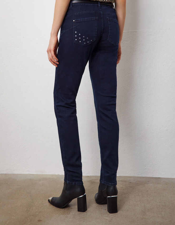 Donkerblauwe slim jeans sculpt up studs achterzak dames-3