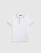 Boys’ white cotton polo shirt with striped ribbing-1