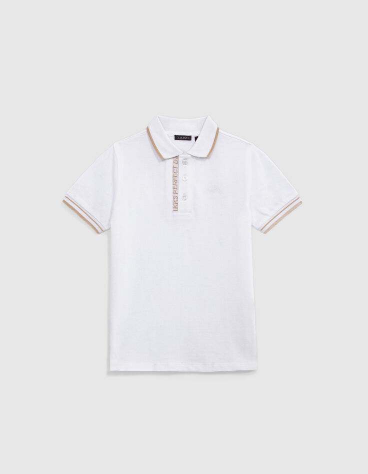 Boys’ white cotton polo shirt with striped ribbing-1