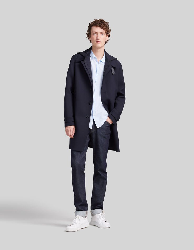 Marineblauer Herrentrenchcoat mit Futter und Kapuze-1