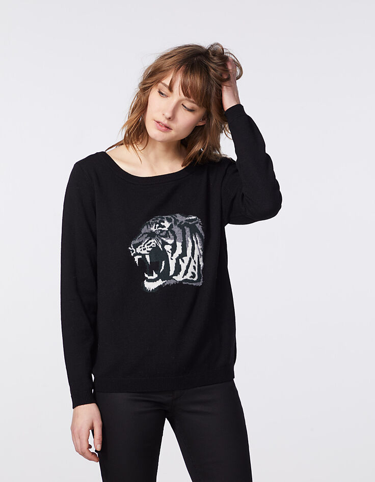 Jersey negro de lana mayoritaria jacquard tigre mujer-1
