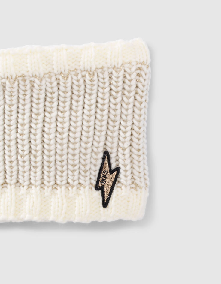 Baby girls’ ecru knit snood, gold lurex & lightning badge-2