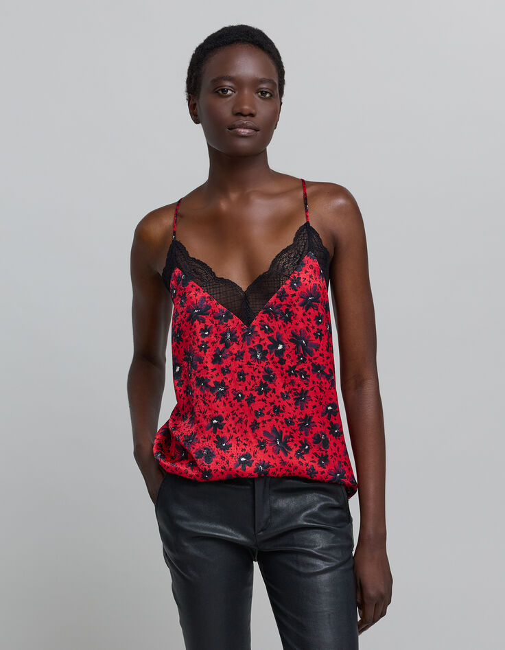 Women's red floral print camisole with thin straps-3