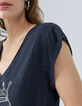 Camiseta azul marino purpurina bordado calavera mujer-4