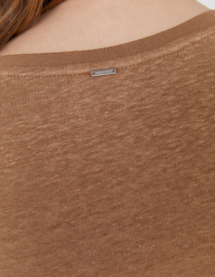 Camiseta cuello de pico camel de lino foil mujer-5