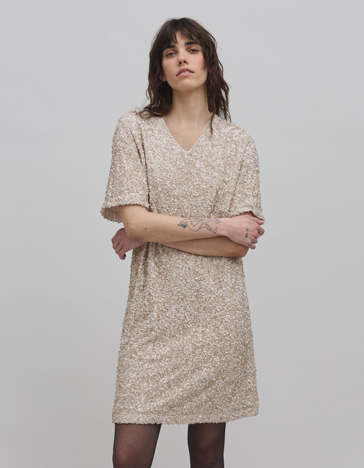 Robe champagne brodée sequins Femme-4