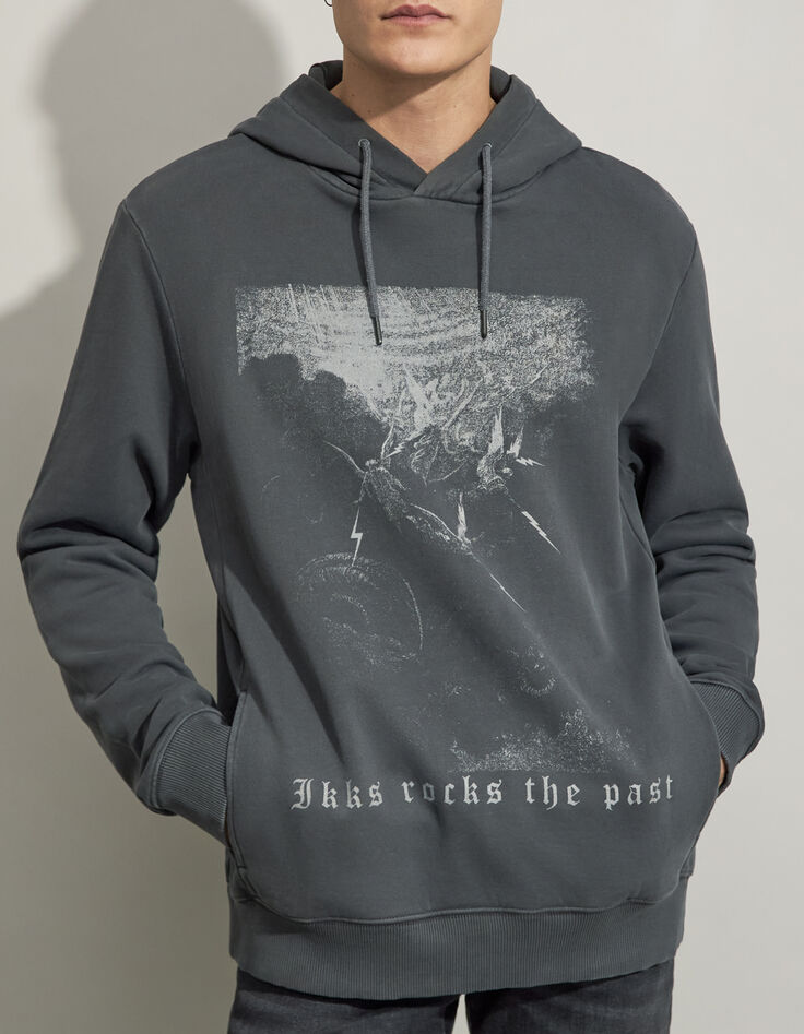 Men’s black rock engraving image hoodie-1