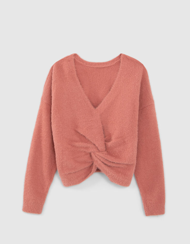 Pull terracotta tricot réversible devant dos fille-2