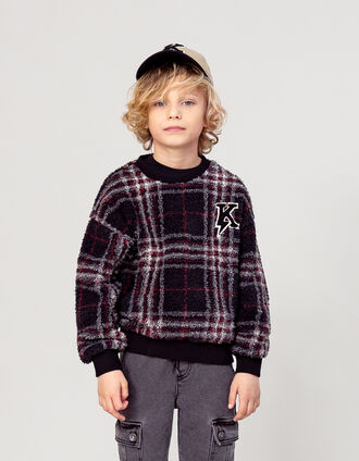 Boy's black recycled sherpa plaid sweatshirt