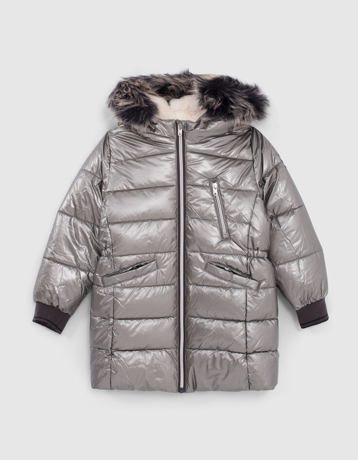 Girls’ dark silver fur-lined hooded long padded jacket-1