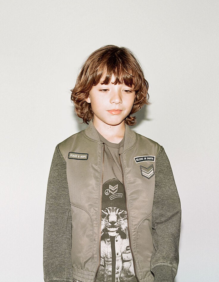 Boys’ dark khaki and grey mixed fabric bomber jacket -7