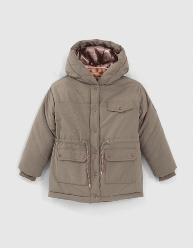 Girls’ 3-in-1 khaki furry parka and reversible jacket