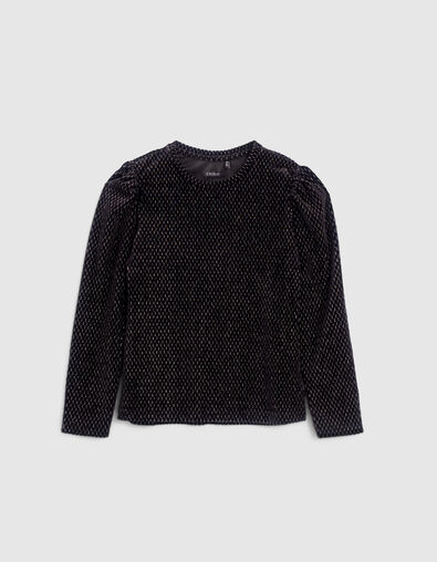 Girls’ black texture, lurex, jacquard velvet knit T-shirt - IKKS