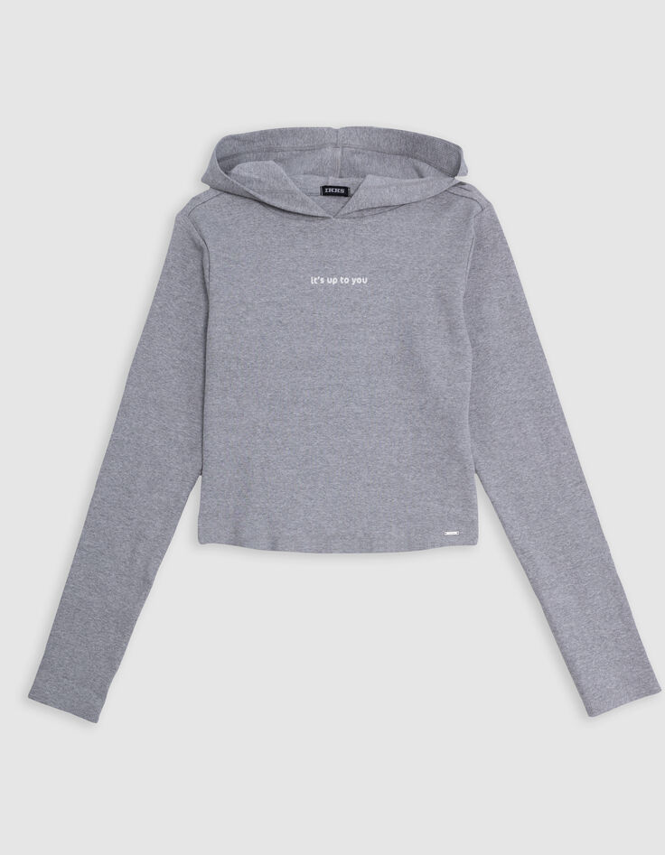 Girl's grey rib-knit hooded t-shirt-1