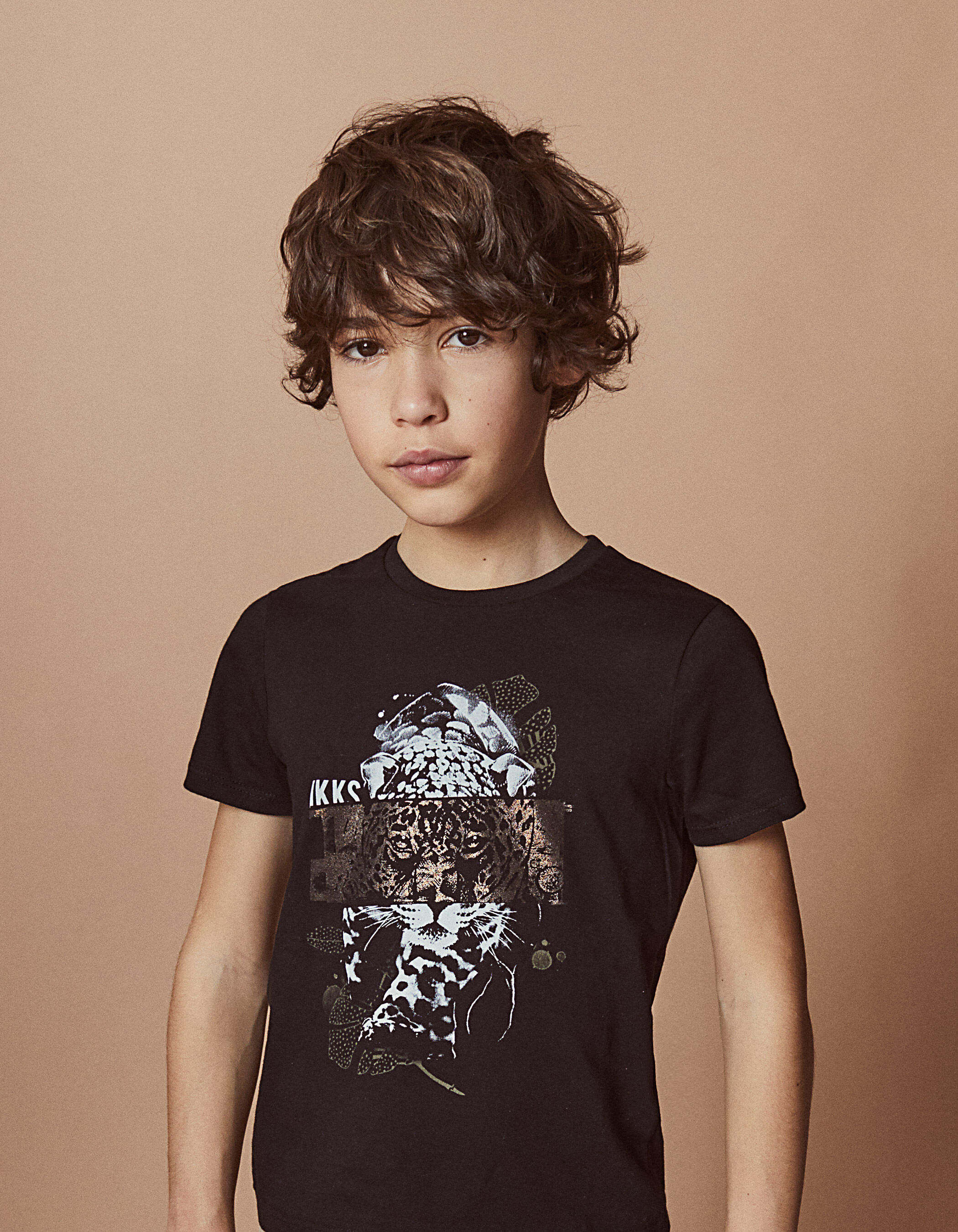 Boys' black leopard triptych print T-shirt