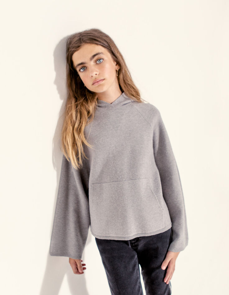 Girls’ grey marl knit hooded sweater-2