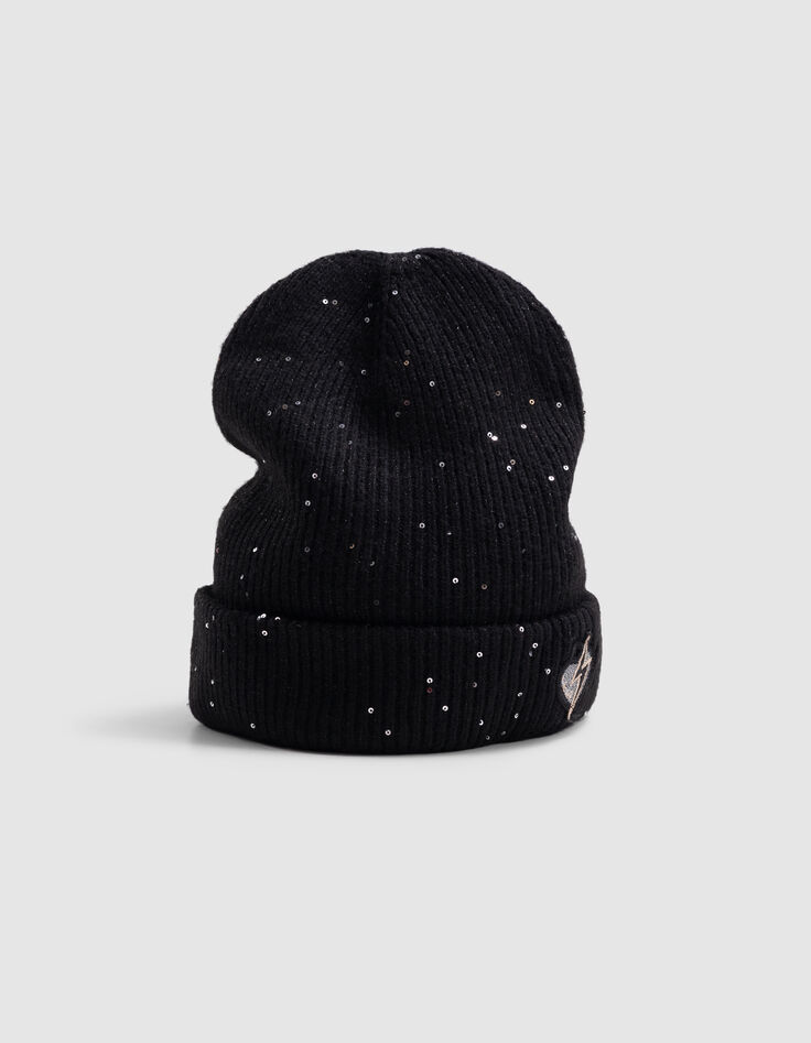 Bonnet noir tricot paillettes et sequins fille-4