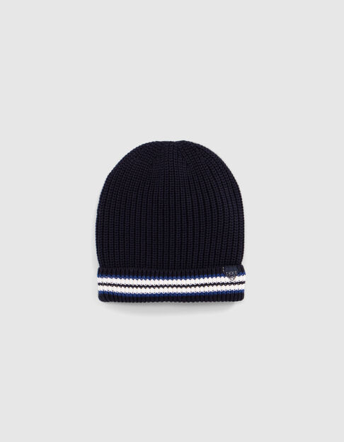 Baby boy navy knitted hat with stripes filling - IKKS