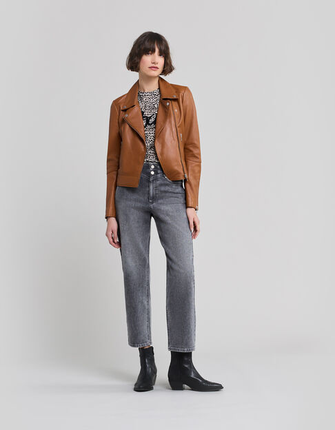 Blouson camel en cuir d'agneau femme - IKKS