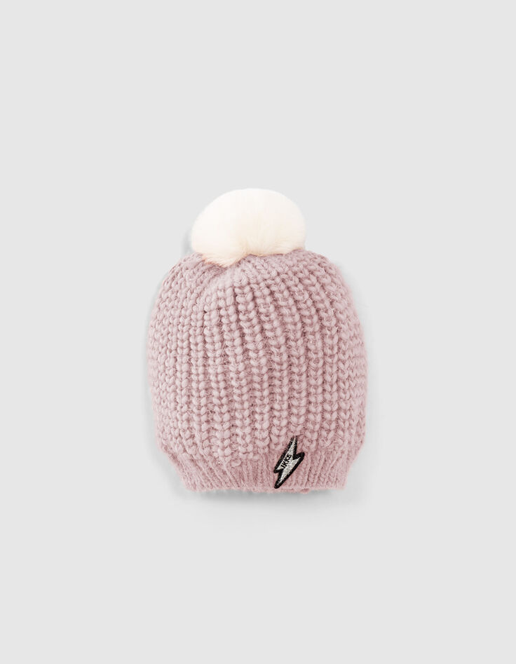 Baby girls’ powder pink fur-lined knit beanie with pompom-1