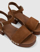 Camelbraune Damensandalen aus Veloursleder mit Holzabsatz-9