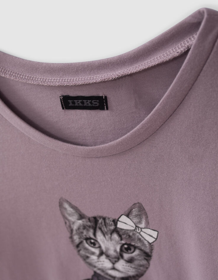 Mädchen-T-Shirt fliederfarben,  Katze mit Paillettenschal-3