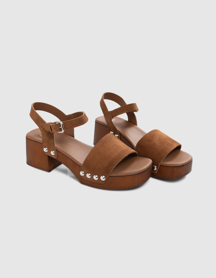 Camelbraune Damensandalen aus Veloursleder mit Holzabsatz-6