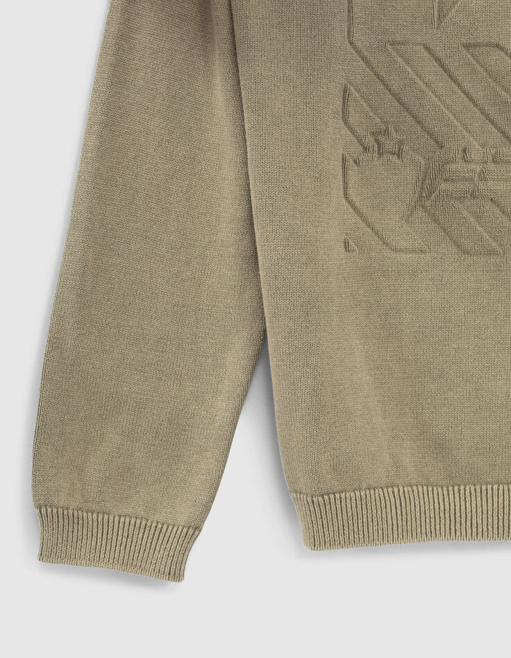 Boys’ khaki knit sweater with embossed shapes and hood-4