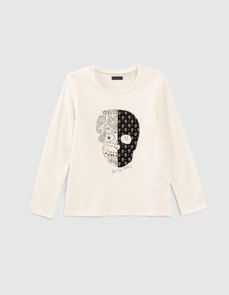 Girls’ ecru skull image organic cotton T-shirt-1