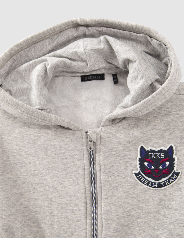 Girls’ grey zipped hooded cardigan with cat badge-2