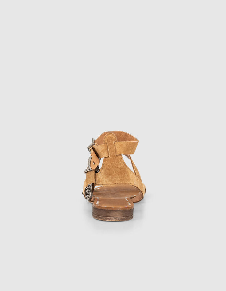 Sandales plates en cuir suédé camel boucles western femme-3