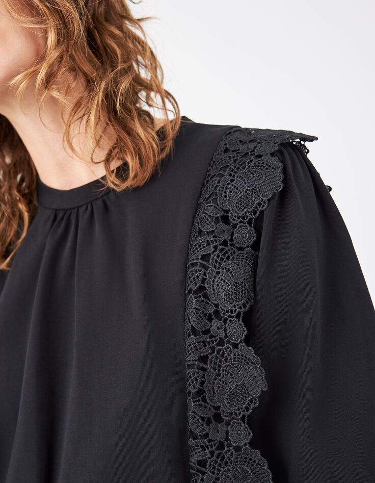 Women’s black cotton T-shirt with lace ruffles-5