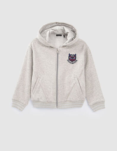 Girls’ grey zipped hooded cardigan with cat badge - IKKS