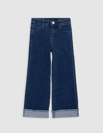 Girls’ blue WIDE LEG jeans, fixed fringed turned up cuffs