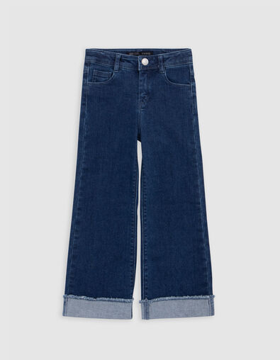 Girls’ blue WIDE LEG jeans, fixed fringed turned up cuffs - IKKS