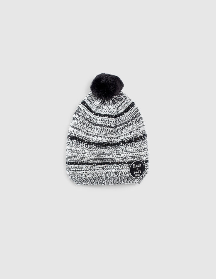 Girls’ white beanie, black stripes and embroidered sequins-1