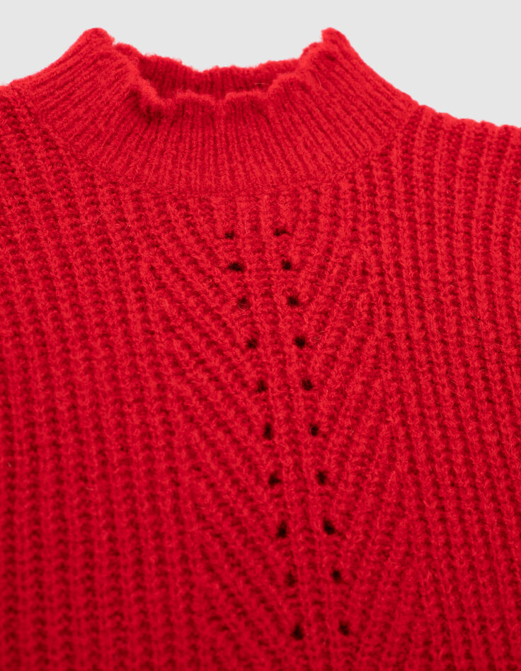 Pull rouge clair tricot avec volants fille-5