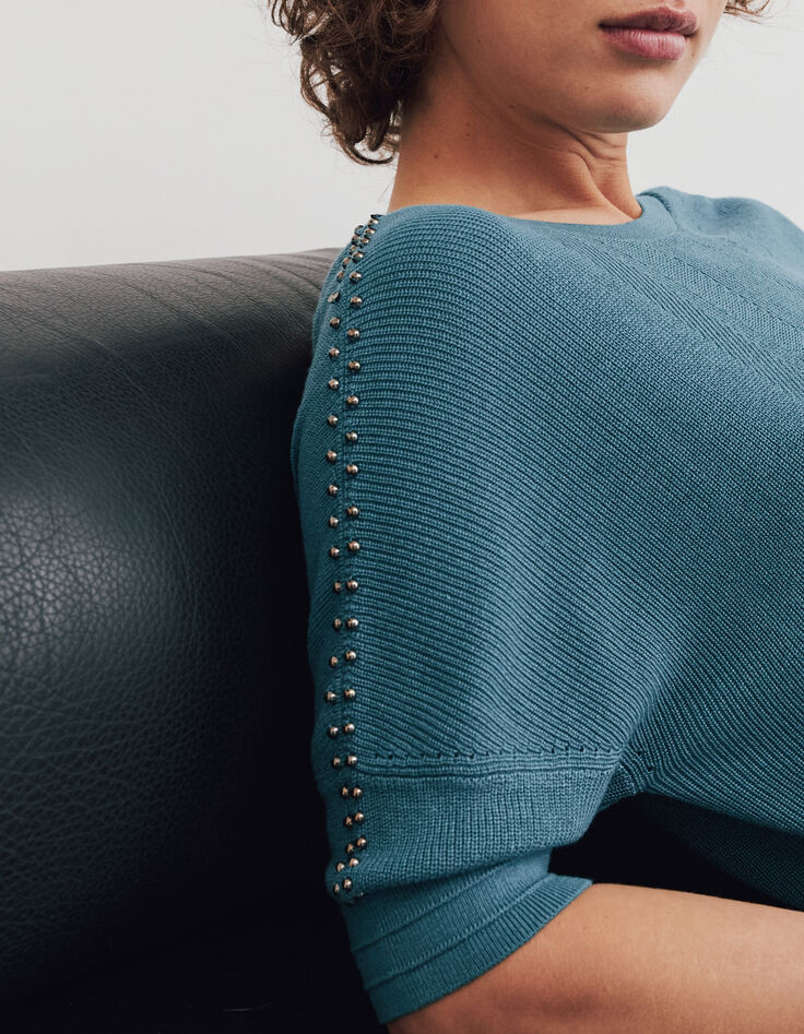 Women’s emerald openwork knit beaded short-sleeve sweater-4