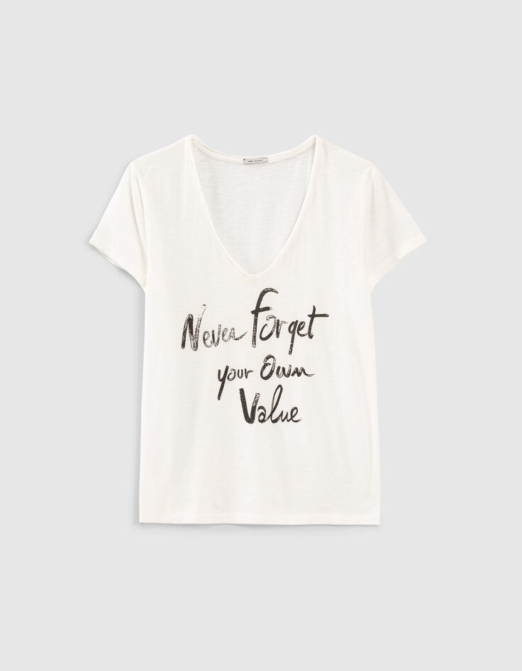 Ecru T-shirt in gevlamd biokatoen tekstopdruk dames-5