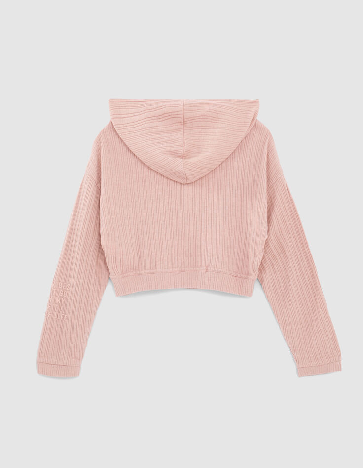 Girls’ powder pink ribbed zipped cropped T-shirt-3