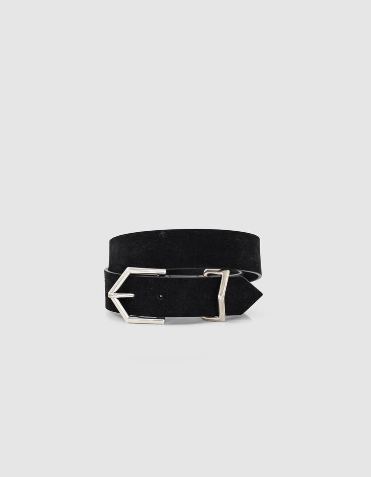 Ceinture pour denim cuir suédé noir boucle chevron femme-1