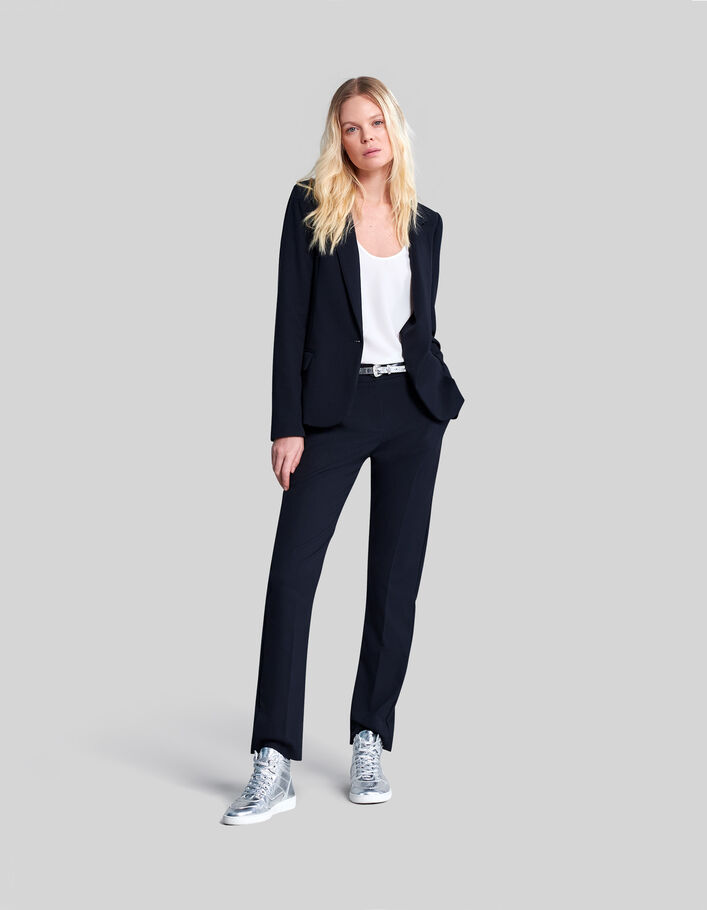 Women's navy suit trousers with decorative braid