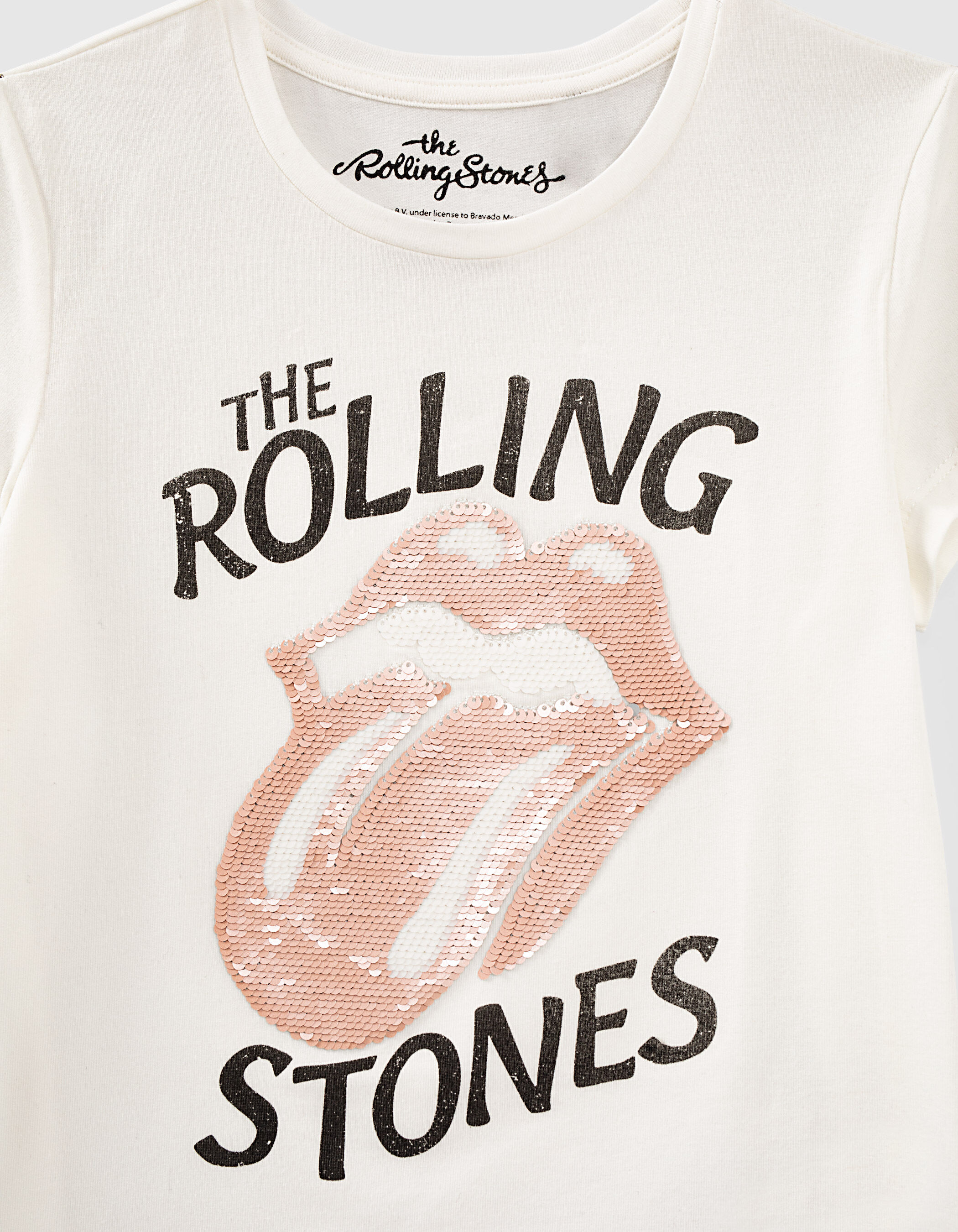 Girls' white ROLLING STONES T-shirt with sequined tongue
