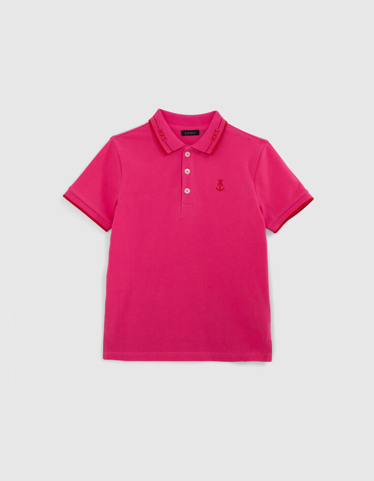 Boys’ pink cotton polo shirt, red striped ribbing-2