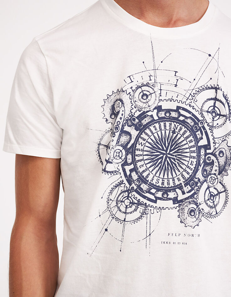 Men's' white compass image cotton T-shirt-4